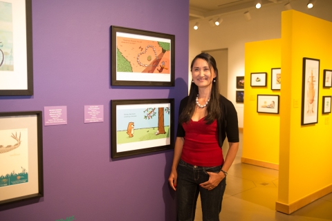 Salina Yoon beside her original work from Penguin and Pinecone and Found!  photo by Roxyanne Young